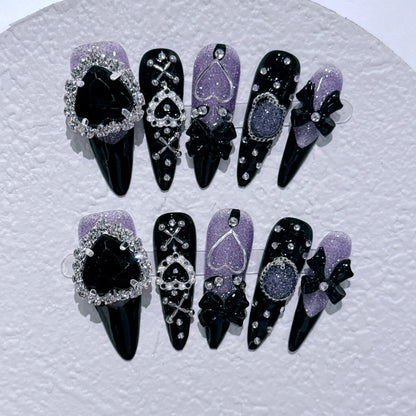 10Pcs Black Handmade Press On Nails Coffin Fake Nails Full Cover Gradient Metal Contrast Artificial Manicure Wearable Nail Tips.
