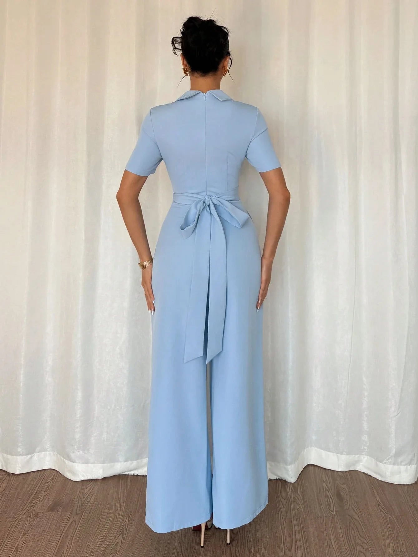 Elegant Blue Wrap Waist Belted Slim Fit Jumpsuit for Women Spring Summer Commute Style Polyester Fabric Three Quarter Sleeve.