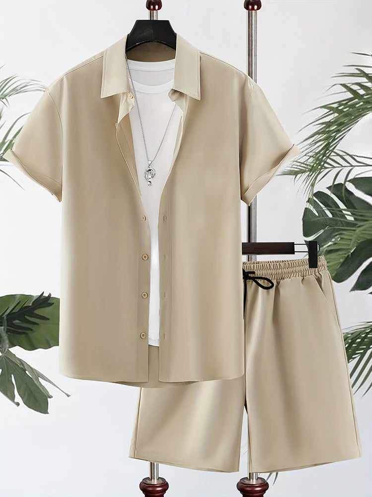 Einfaches einfarbiges Hawaii-Hemd für Herren, Sommer-Trend, kurzärmelige Shorts, 2-teilig, täglich, lässig, Shorts, Top-Anzug, modisch, übergroß.