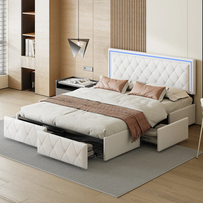 Lazyspace PU-Polsterbett, weißes Einzel- und Doppelbett mit Lattenrost, Holz, mit 4 Schubladen und LED-Kopfteil