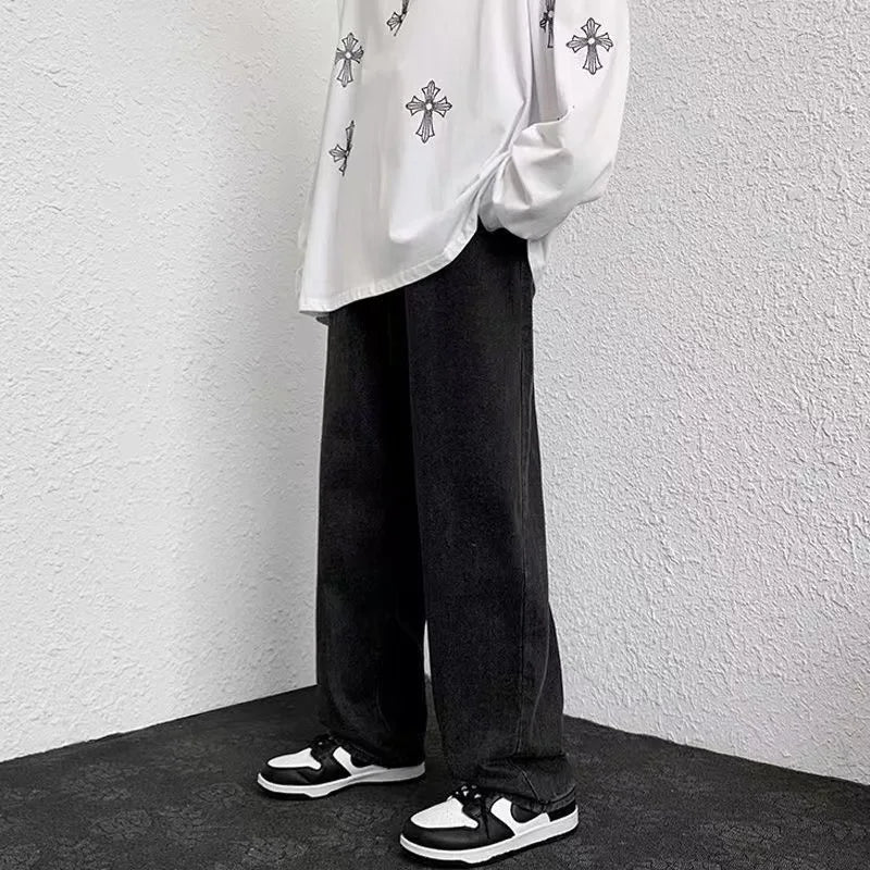 2025 New Streetwear Loose Jeans Men Korean Style Fashion Loose Straight Wide Leg Pants Men's Brand Clothing Black Light Blue 3XL.