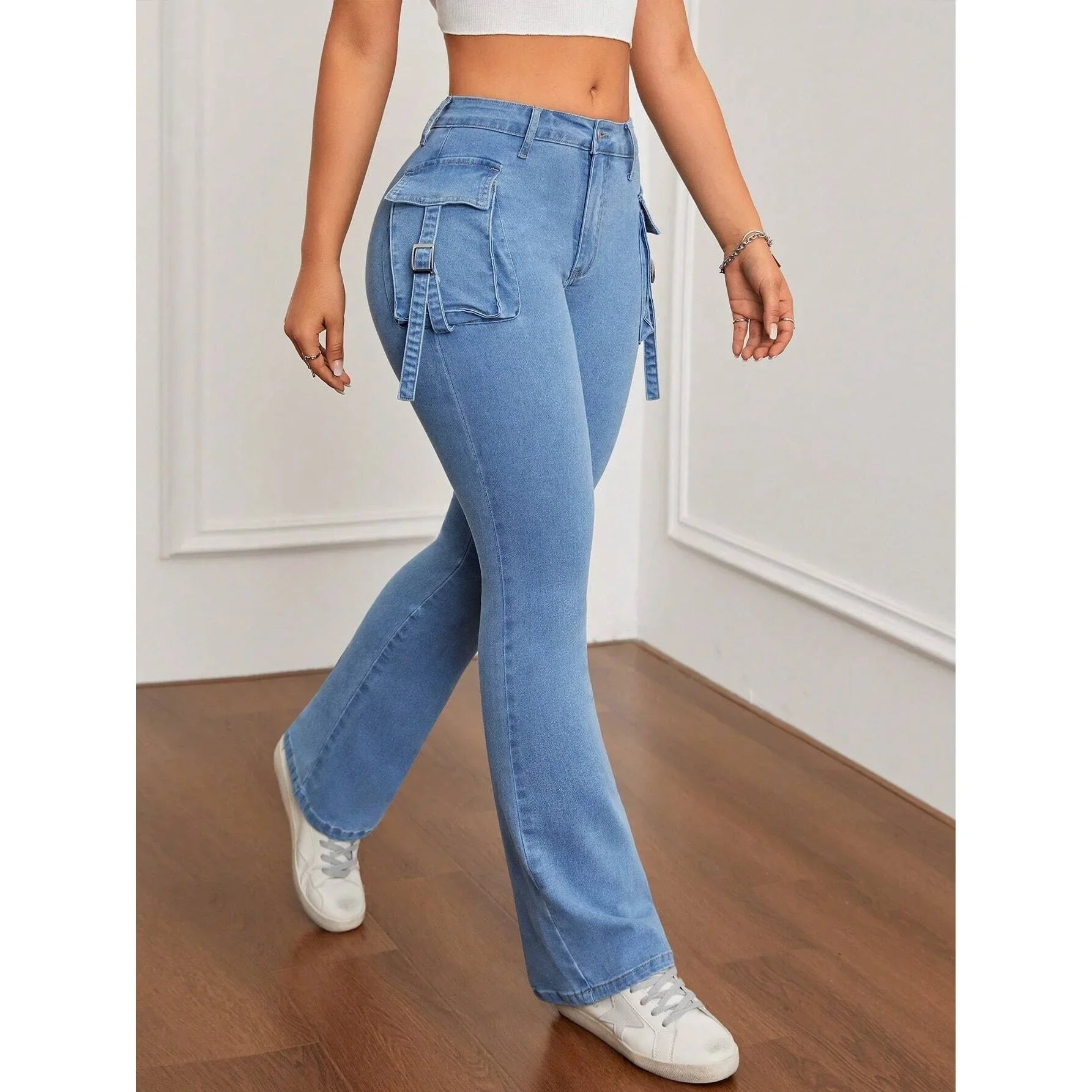 High Waist Bell Bottom Jeans Women's Slim Fit Workwear Denim Pants High Elasticity Cross-Border Long Trousers.