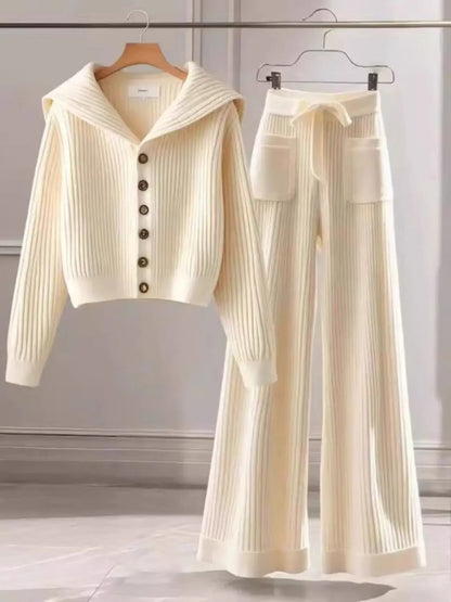 Spring  Autumn 2025 New Chic Sweater Two-Piece Women's Fashion Loose Single-Breasted Soft Waxy Knitted Top Casual Straight Pants.