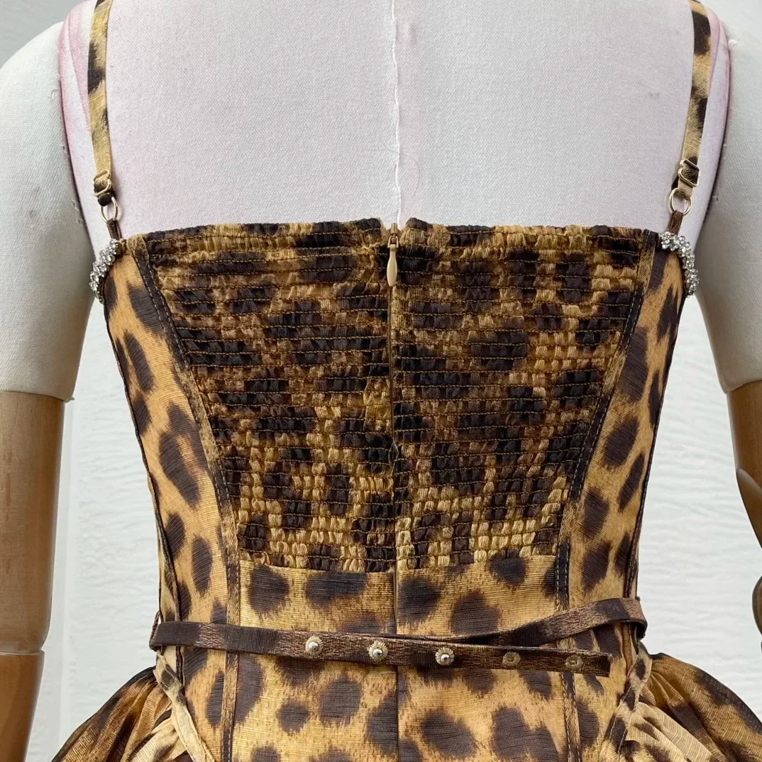 Klassisches Leopardenmuster, neues, hochwertiges 2025, Leinen-Seide, ärmellose Falten, Diamanten, Damen-Vintage-Spaghetti-Midikleid.