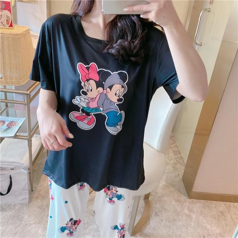 Sommer Pooh Bär Nachtwäsche frauen Lose Bequeme Cartoon Print Hause Kleidung Set Kurzarm Nachthemd Mickey Pyjama Set
