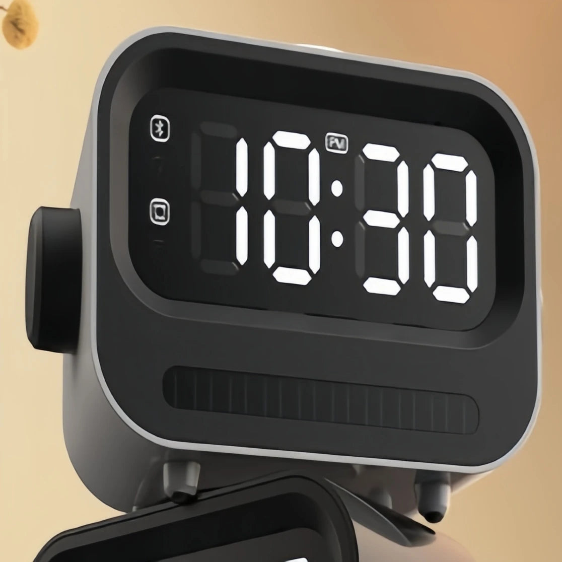 Modern Bluetooth Alarm Clock loudspeaker with 15W Wireless Charging, Night Light & Ambience Light.