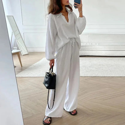 Women's Suit Solid Color Casual Loose 2025 Elegant Spring And Summer Fashion New Long-sleeved Lapel Top + Drawstring Pants Suit.