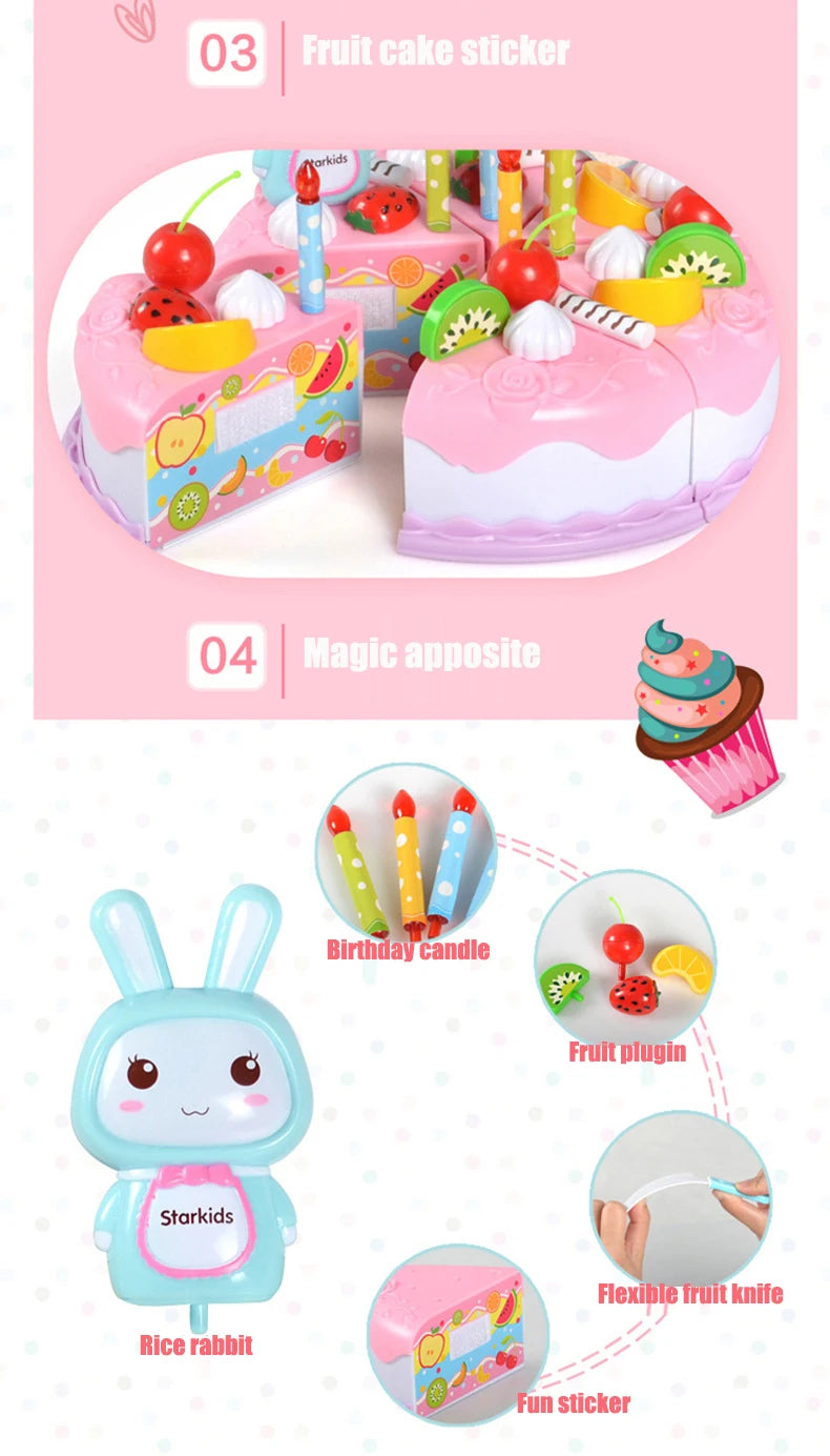 Kids Toy Simulation DIY Birthday Cake Model Kitchen Pretend Play House Cutting Fruit Food Toy for Toddler Children Gift Boy Girl.