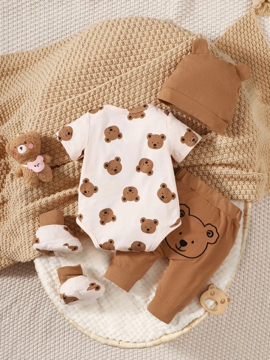 4PCS Clothing Set 0-9 Months Newborn Baby Boy Bear Short Sleeve Romper+Pants+Hat+Sock Infant Baby Full Moon Photography Outfits.