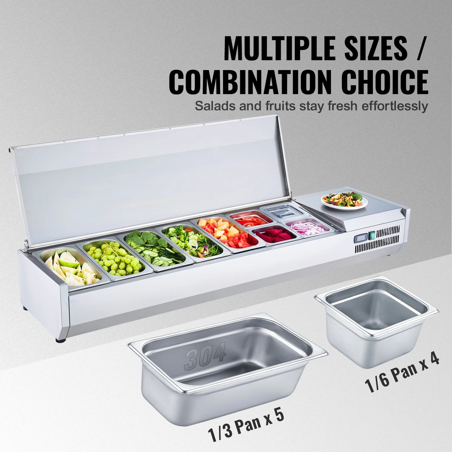 SucceBuy Refrigerated Condiment Prep Station 304 Stainless Body and PC Lid, Sandwich Prep Table with Stainless Guard.
