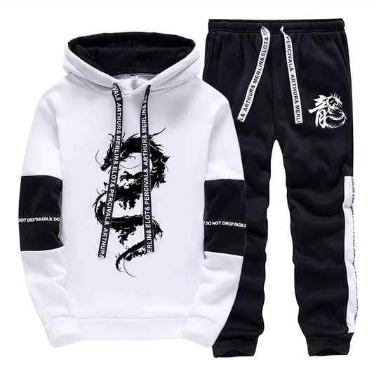 Men's Hooded Sweatshirt Sweatpants 2pcs Set Urban Casual Fashion Hoodie Outfits Dragon Printed Pullover Male Sporty Jogger Suit.