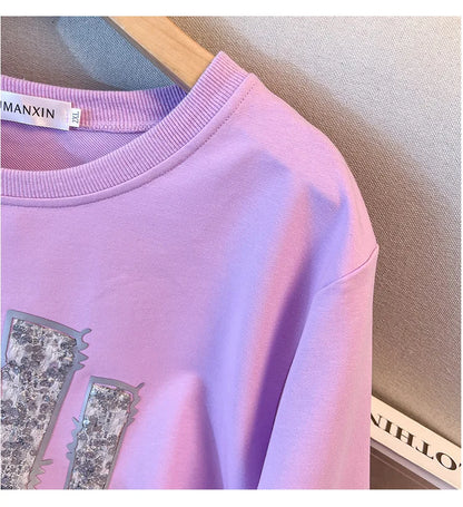 175kg plus size Damen büste Frühling Herbst loser Rundhals ausschnitt Langarm bedrucktes Sweatshirt schwarz lila 5xl 6xl 7xl 8xl 9xl.