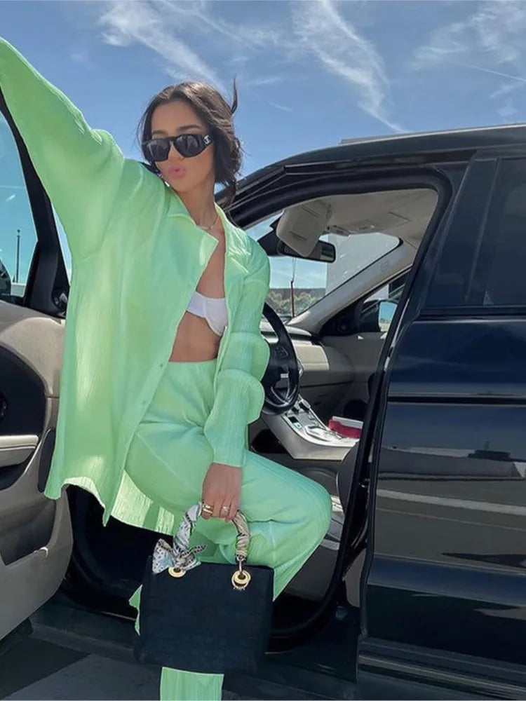 2024 Spring Autumn Women's New Solid Color Button Shirt Long Sleeve Drop Feel Loose Soft Wrinkle Casual Two Piece Set.