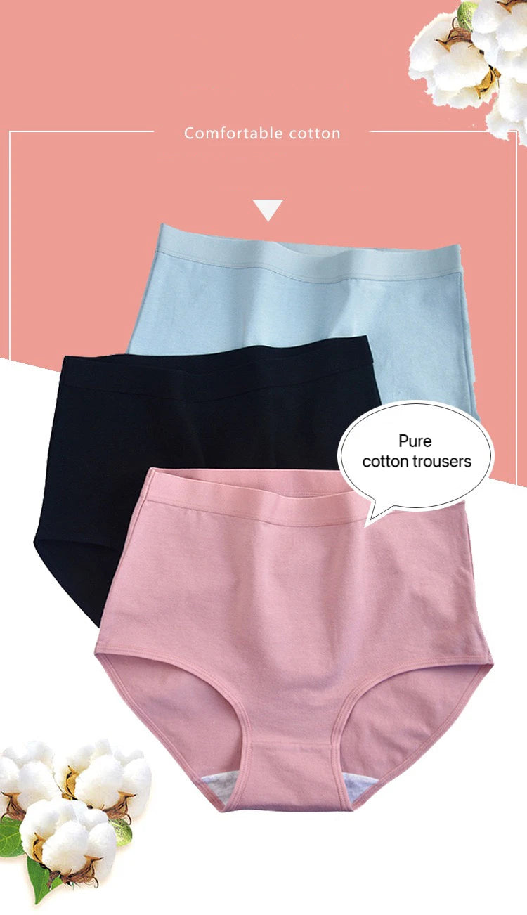 3pcs Cotton Women Panties Lady Plus Size Underwear Large Size High Waist Briefs Breathable Solid Color Female Lingerie.