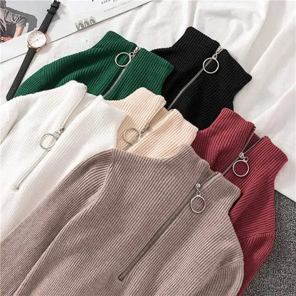 Frauen Fashion Solid Strick Pullover Vintage Langarm Zip-up Grundlegende Hälfte Rollkragenpullover Weibliche Pullover Chic Casual Tops.