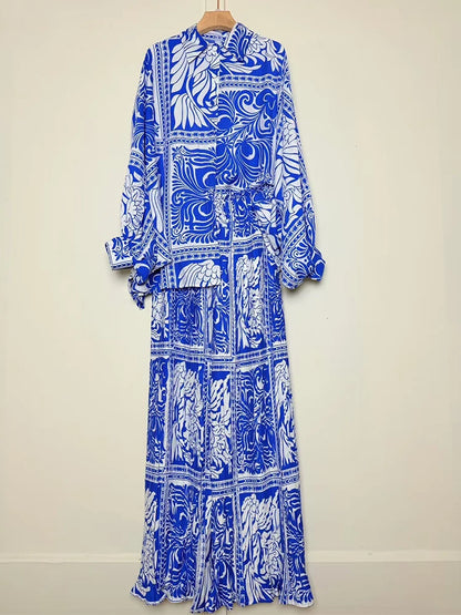 Designer's retro geometric print loose shirt two-piece set for Spring 2025 women's wear + pleated wide-leg pants fashion set