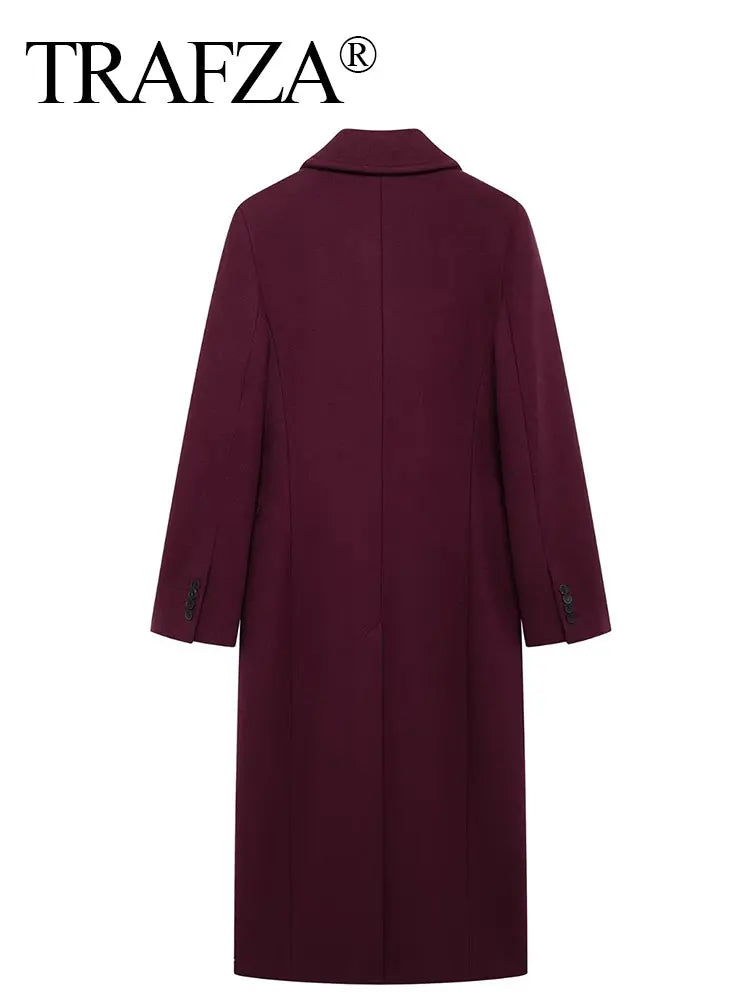TRAFZA Frauen Mode Burgund Woolen Mantel Zweireiher Langarm Revers Blends Jacke Herbst Winter High Street Oberbekleidung.