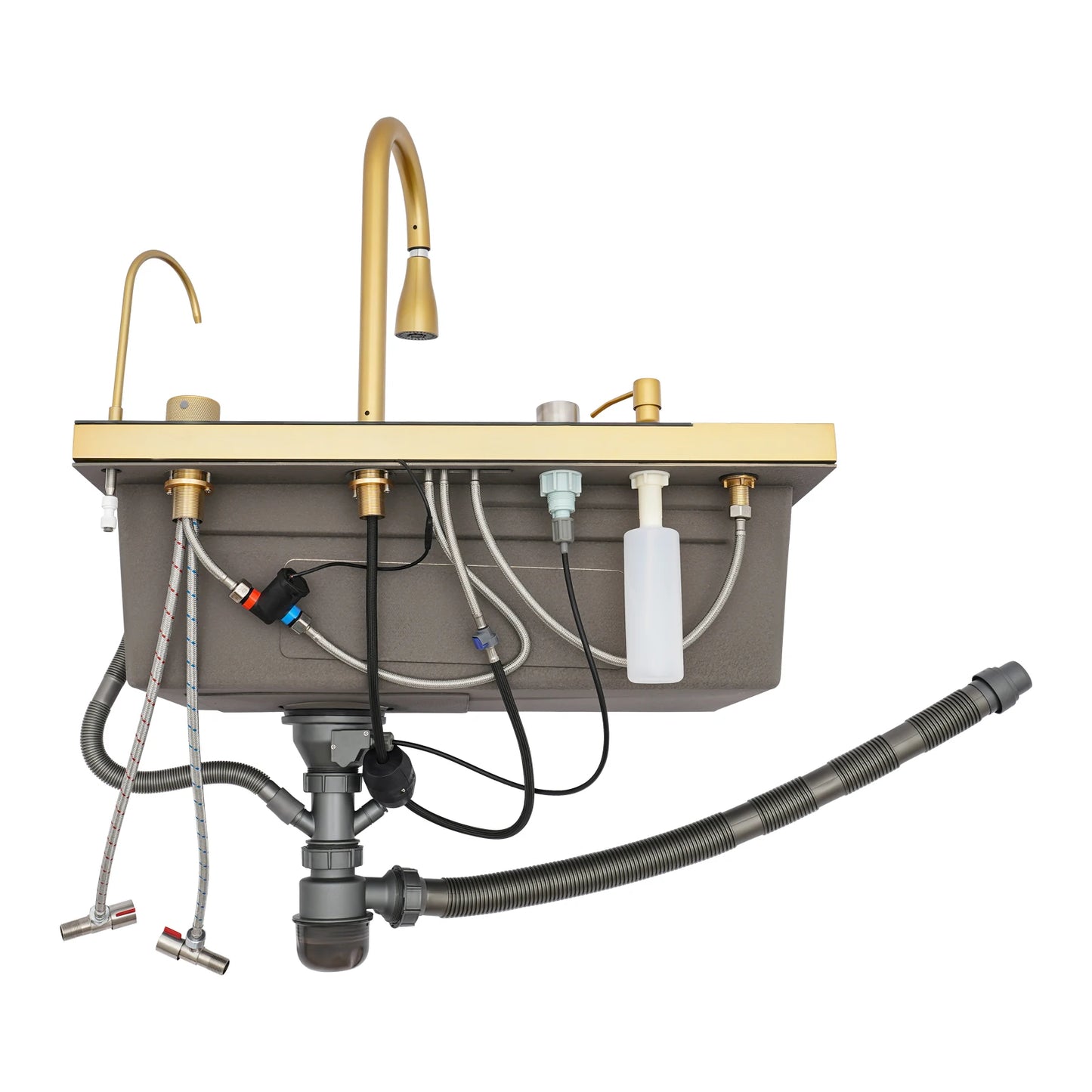 Wasserfall-Küchenspüle-Set mit Digitalanzeige und Wasserhahnschläuchen |   75 * 46 * 22 cm goldenes Edelstahl-Spülbecken-Set für modernes Zuhause