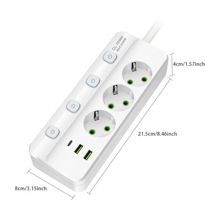 EU-Stecker-Steckdosenleiste, 2/3/4/5 Positionen, unabhängige Steuersteckdose mit 2 USB-Anschlüssen, 1 Typ-C-Anschlüsse, 2 m Verlängerungskabel, Steckdosen.