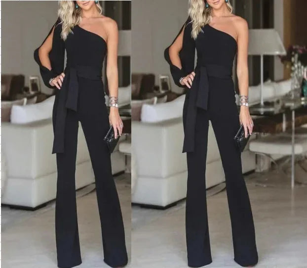 2025 Summer New Women's High Waist Tie Up Solid Color Slim Fit Sexy Jumpsuit Slant Shoulder Elegant Banquet Women's Wear.