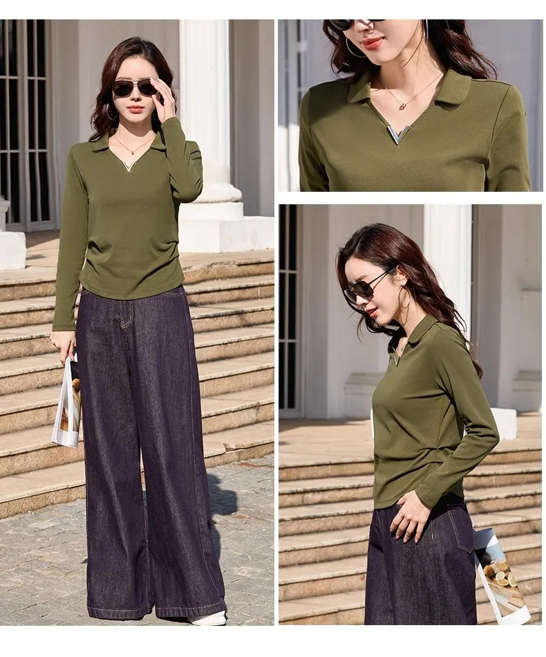Korean version wine red long sleeved T-shirt for women in spring and autumn, new high-end fashion plus size lapel casual top.