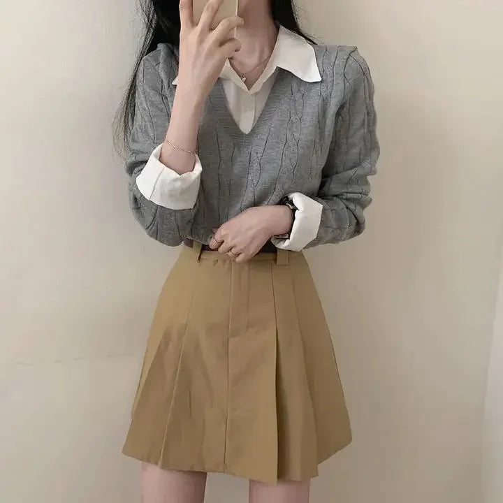 Mode Winter Gestrickte Pullover Frauen Casual V-ausschnitt Pullover Alle-spiel Weibliche Kleidung Lose Gefälschte Zwei Artikel Kurze Tops Jumper.