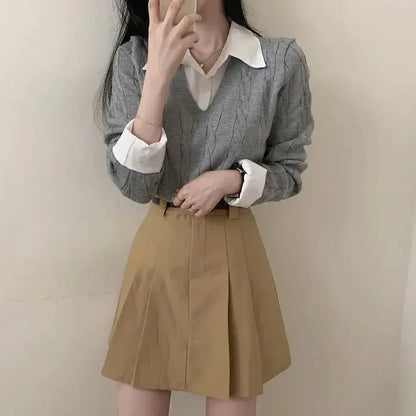 Mode Winter Gestrickte Pullover Frauen Casual V-ausschnitt Pullover Alle-spiel Weibliche Kleidung Lose Gefälschte Zwei Artikel Kurze Tops Jumper.