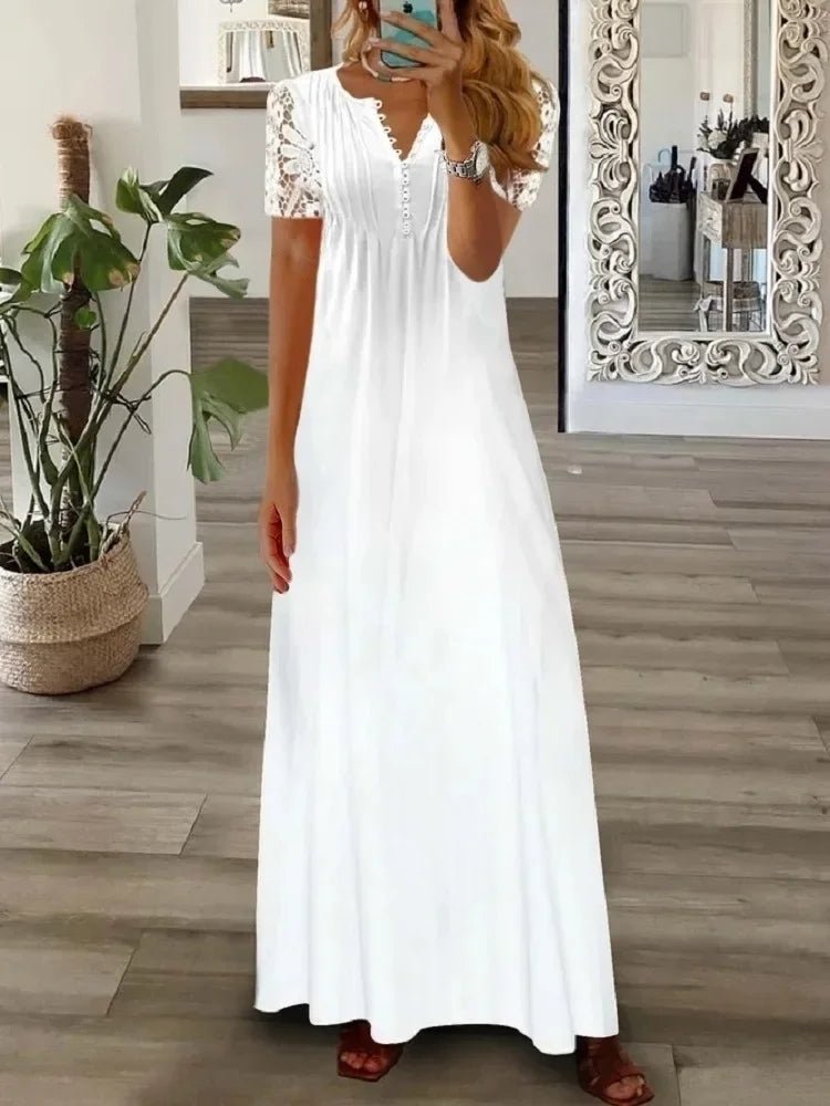 Frühjahr/Sommer Mode frauen Kurzarm Gedruckt Spitze Kleider Elegante frauen Weiß V-ausschnitt Slim Fit Party Lange vestidos