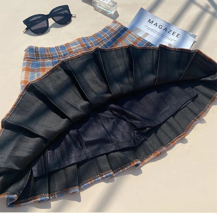 Plaid Woolen Blends Pleated Skirt For Women Fall Winter High Waist A-line Skirt Ladies Fashion Khaki Mini Skirts Vintage Female.