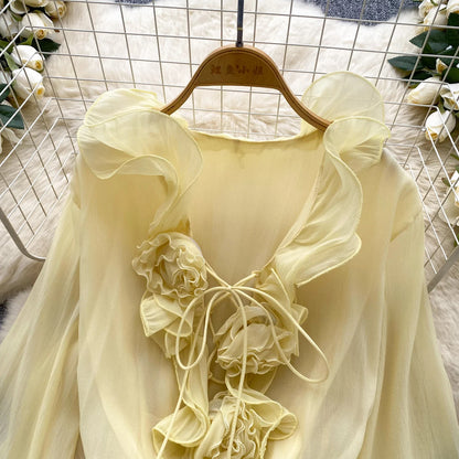 SINGREINY 3D Floral Strand Kurzes Kleid Weibliche Lange Ärmel Spitze Up Rüschen Chiffon Kuchen Sommerkleid Sheer Sexy Vintage Bohemian Kleid