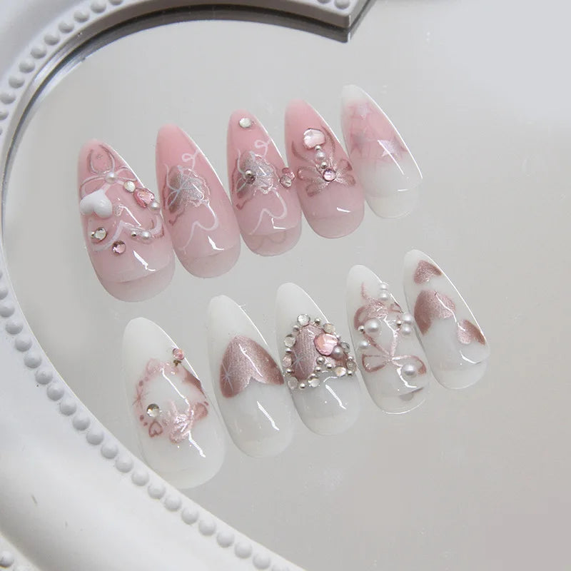 24pcs Sweet False Nail Patches Detachable Fake Nail Tips With Bowknots Love Heart Pearl Design Pink Almond Korean Press On Nail.