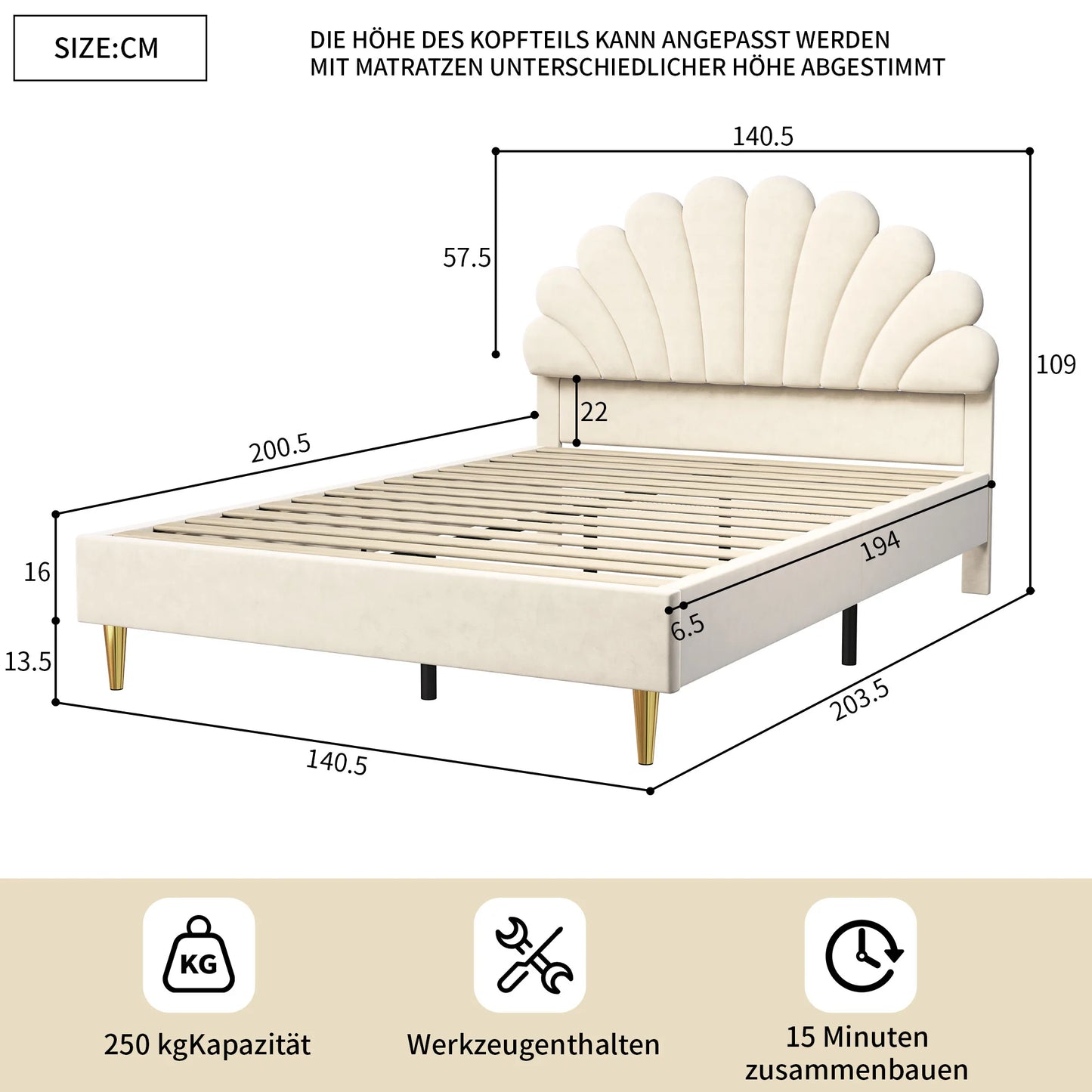 Lazyspace Samt-Doppelbett mit Blütenblättern, 140 x 200 cm Bettgestell mit Blütenblatt-Kopfteil
