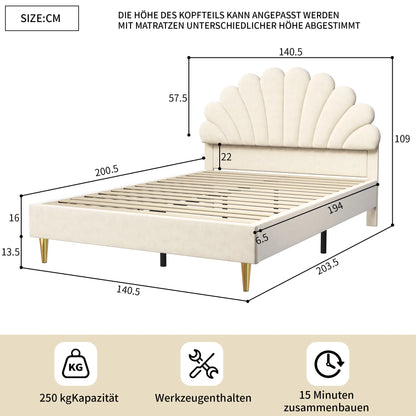 Lazyspace Samt-Doppelbett mit Blütenblättern, 140 x 200 cm Bettgestell mit Blütenblatt-Kopfteil