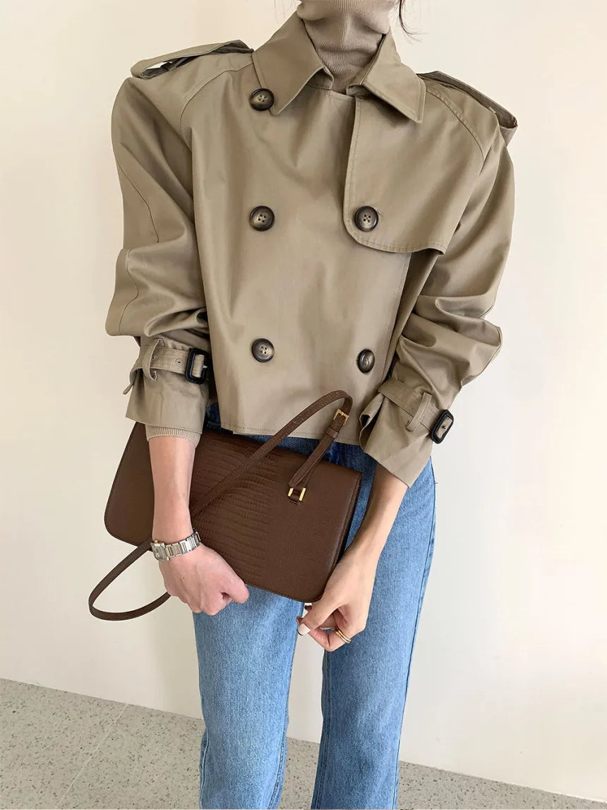 Vintage Zweireiher Graben Jacken Frauen Lose Chic Büro Dame Crop Tops Herbst Weibliche Mäntel Alle-spiel Lose Windjacke.