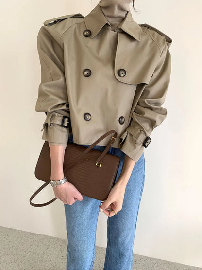 Vintage Zweireiher Graben Jacken Frauen Lose Chic Büro Dame Crop Tops Herbst Weibliche Mäntel Alle-spiel Lose Windjacke.