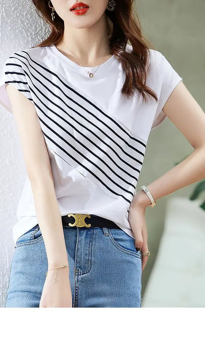 Color Block Striped Slimming T Shirt Women Casual Short Sleeve Top.