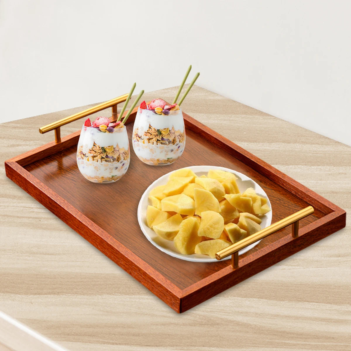 Luxury Wooden Food Tray with Gold Handles (S/M/L) - Coffee Table & Kitchen Decor for Breakfast, Dinner & Bedroom Use.
