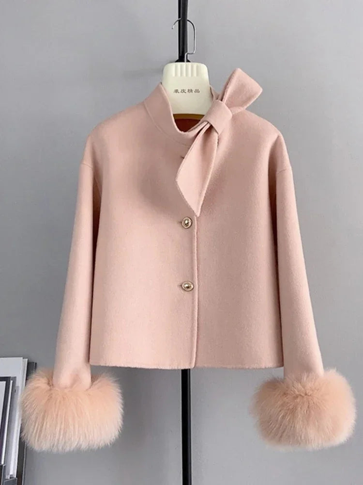 Woll mantel Damen neue Winter Natur fuchs Pelz Manschette Outwear Damen mantel Kaschmir Wolle Wolle Frauen Luxus jacke