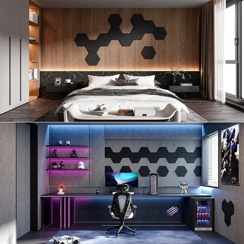 12 Pack HexagonalSelf-adhesive Acoustic Panels Sound Proof Foam Panels Y-Lined Design to Absorb Noise Eliminate Echoes Black