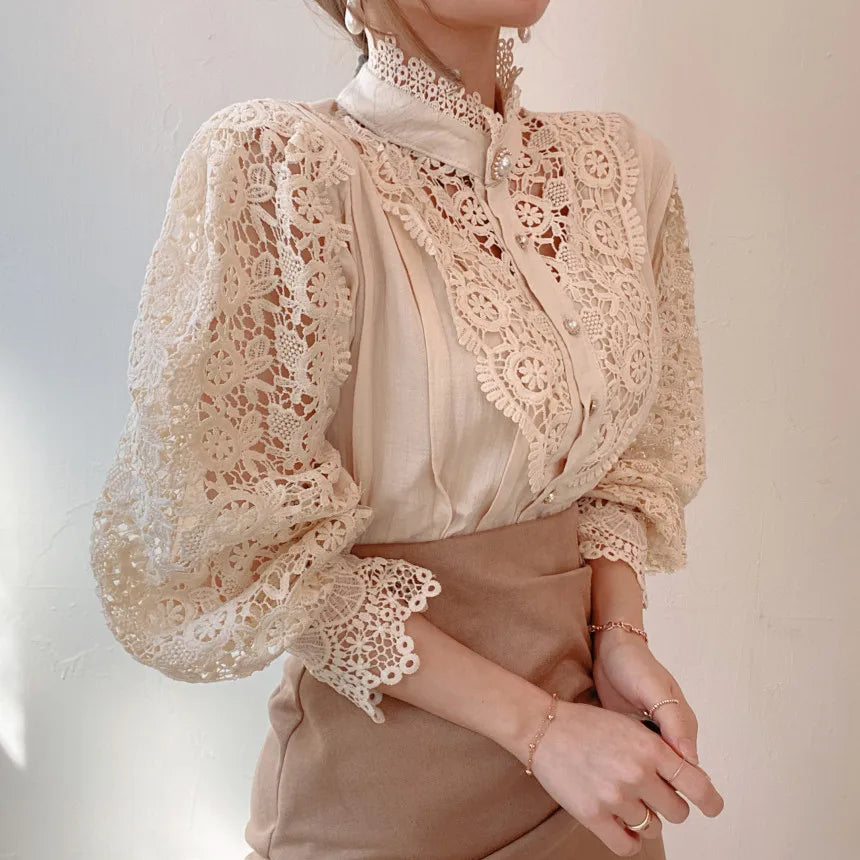 Fashion Long Sleeve Women Blouse Hollow Out Lace Blouse Shirt Tops Women Blusas Mujer De Moda 2024 Blouses Femme Women Shirts.
