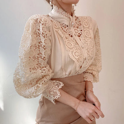 Fashion Long Sleeve Women Blouse Hollow Out Lace Blouse Shirt Tops Women Blusas Mujer De Moda 2024 Blouses Femme Women Shirts.