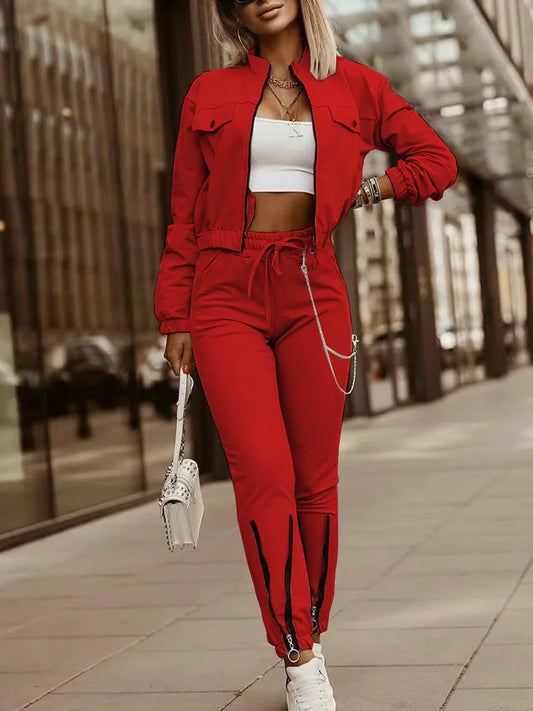 Women's Spring Summer New Fashionable Zipper Design Long Sleeve Top+Drawstring Pants Casual Two Piece Pants Set.