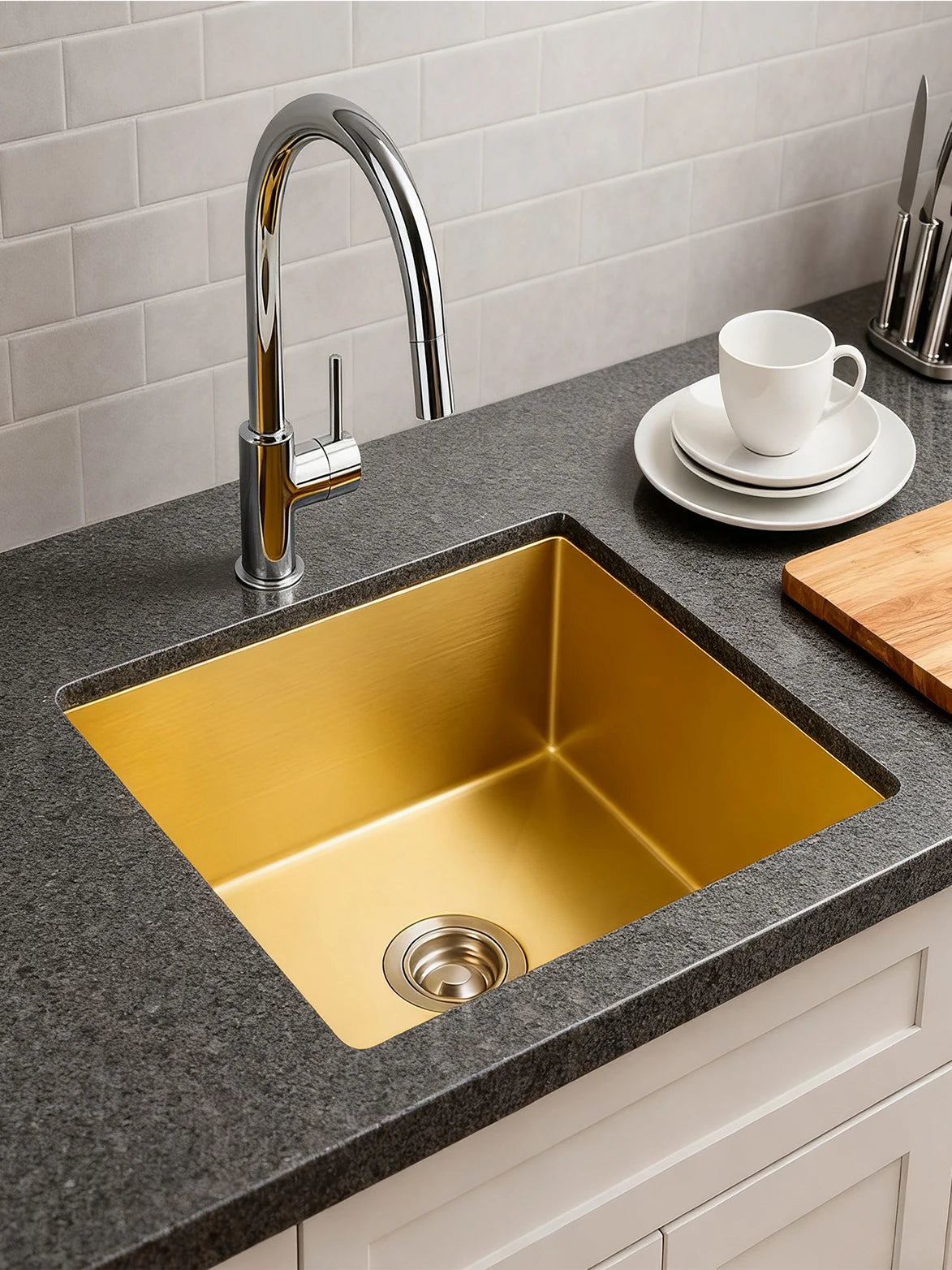 Unterbau-Küchenspüle aus Edelstahl mit abgerundeter Einzelschüssel, goldenes großes Spülbecken mit Abflussmontage