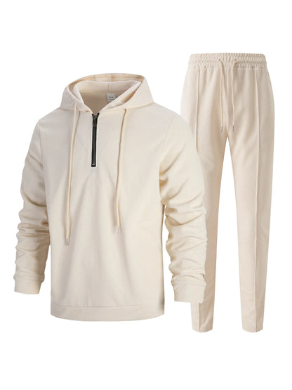 Men's Autumn Waffle Solid Color Hooded Half-Zipper Drawstring Long-Sleeved Sweatshirt And Long Pants Set Casual Comfortable Outf.