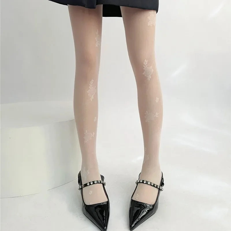 Spring Summer Transparent Floral Patterned Silk Stockings Women's Fashionable Belt Wrapped Pantyhose Thin Material Long Tube Soc.
