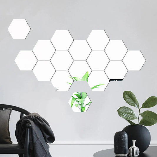 12PCS/Lot Removable Geometric Mirror Wall Stickers - Solid Hexagonal Shape, DIY with Built-in Adhesive for Home Decoration.