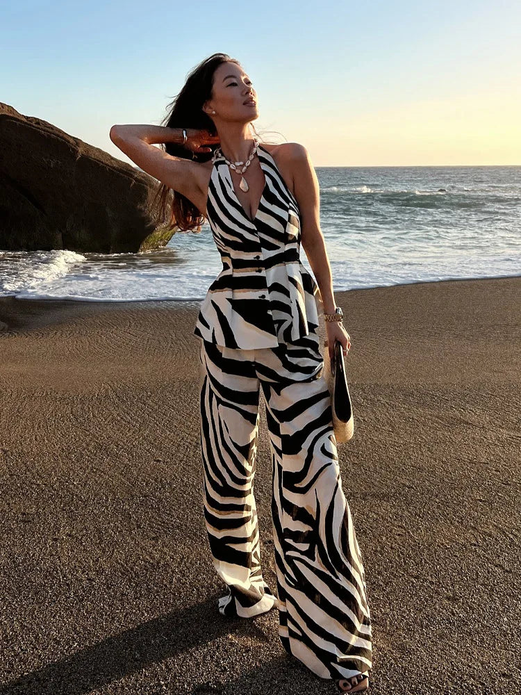 HH Women Pants Suit Fashion Zebra Stripes Single Breasted Sexy Sleeveless V-Neck Top+High Waist Zipper Casual Wide Leg Pants.