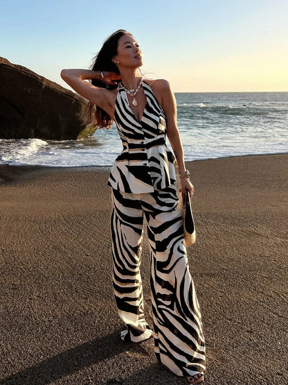 HH Women Pants Suit Fashion Zebra Stripes Single Breasted Sexy Sleeveless V-Neck Top+High Waist Zipper Casual Wide Leg Pants.