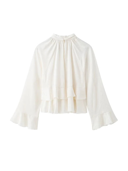Women's Long Sleeve Ruffled Blouse Stand Collar Chic Fashion Top Elegant Female Shirt.