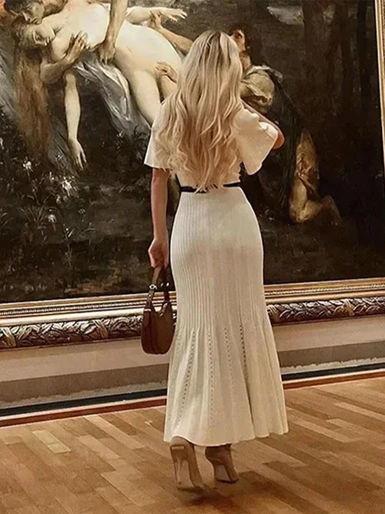 Frauen solide plissierte Saum Patchwork langes Kleid elegante Rundhals ausschnitt kurze Ärmel einreihige Dame Roben 2024 Sommer Streetwear.